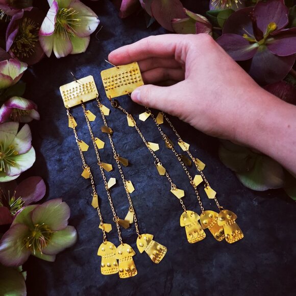 Artisanal Handmade ~ Long Brass Goddess earrings ~ like new - Picture 1 of 3